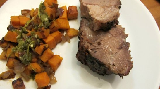 Pork Shoulder Roast with Sweet Potatoes and Cilantro Dressing