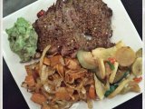 WLC Meal: Skirt Steak with Guacamole, Roasted Root Vegetables, and Sauteed Summer Squash
